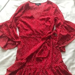 Flirty and flowy red polka dot dress